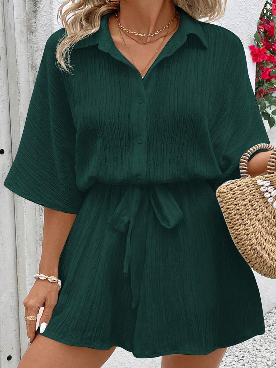 SHEIN VCAY Plus Size Effen Kleur Korte Mouw Romper, Eenvoudig En Modieus, Geschikt Voor De Zomer
