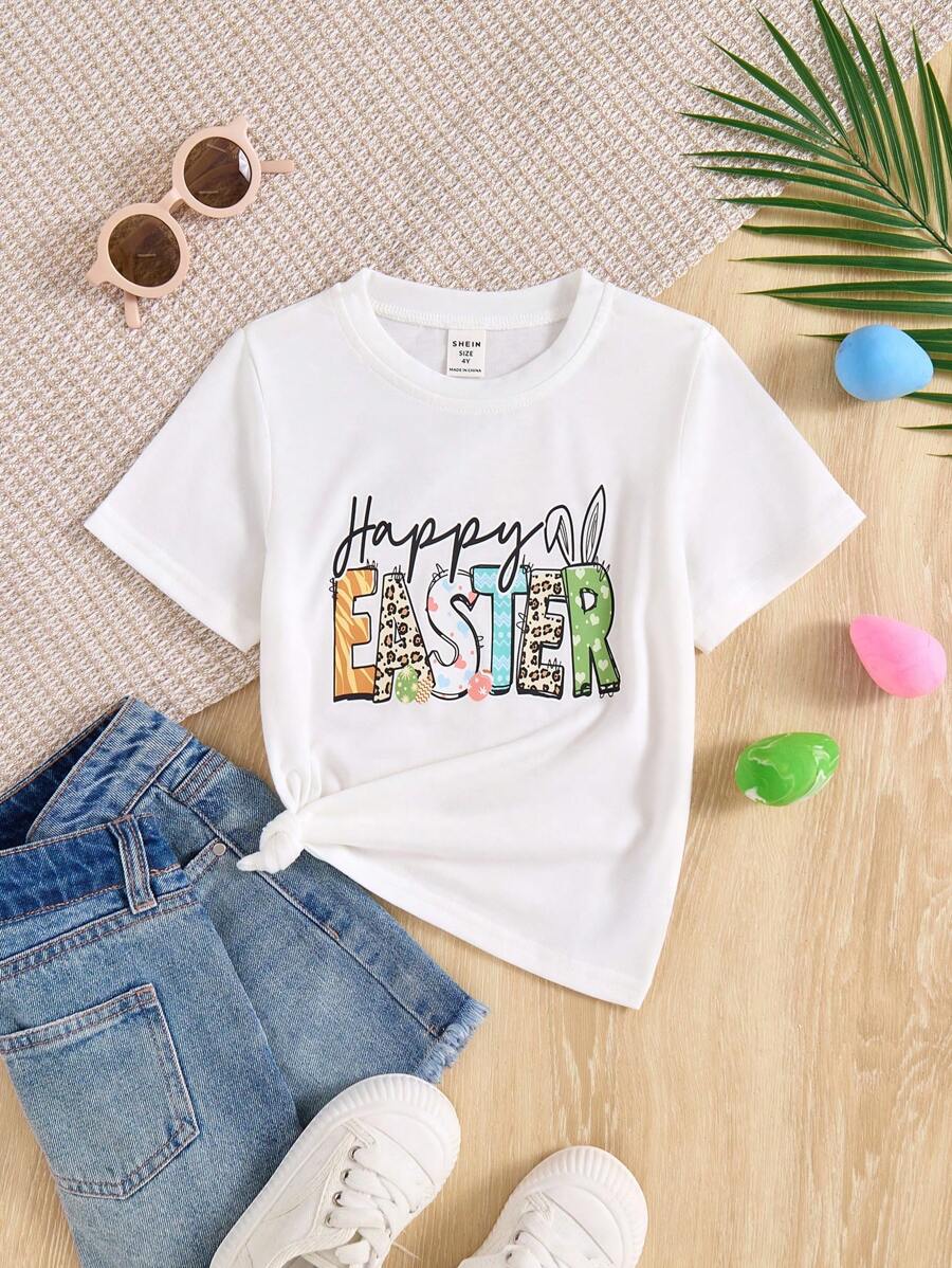 Young Girl Comfortable White Easter Letter Graphic Short Sleeve T-Shirt, For Gifts