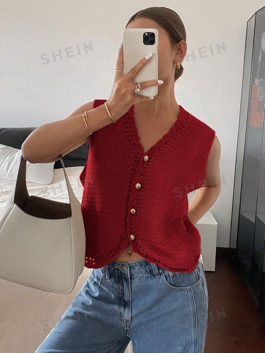 SHEIN Frenchy Chaleco de punto con botones al frente de unicolor simple para mujer