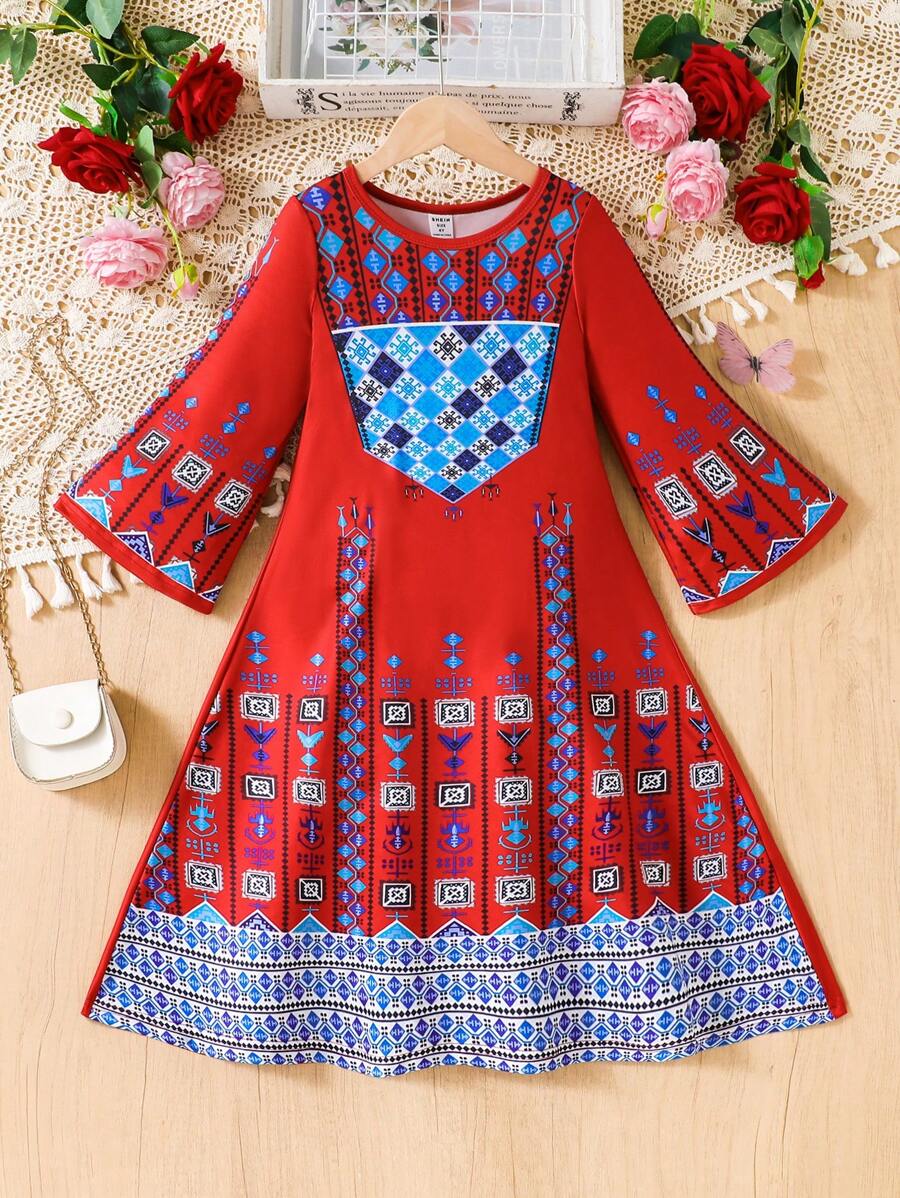 SHEIN Young Girls Print Detailed Long Dress