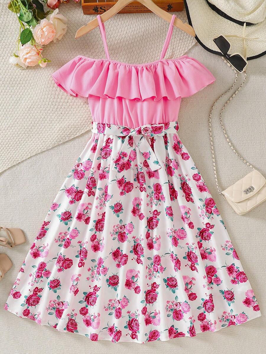 SHEIN Teen Girls Elegant Casual Holiday Pink Textured Knit Floral Rose Off Shoulder A-Line Dress, Suitable For Vacation, Easter, Country Music Festival, Wedding Season, Spring/Summer
