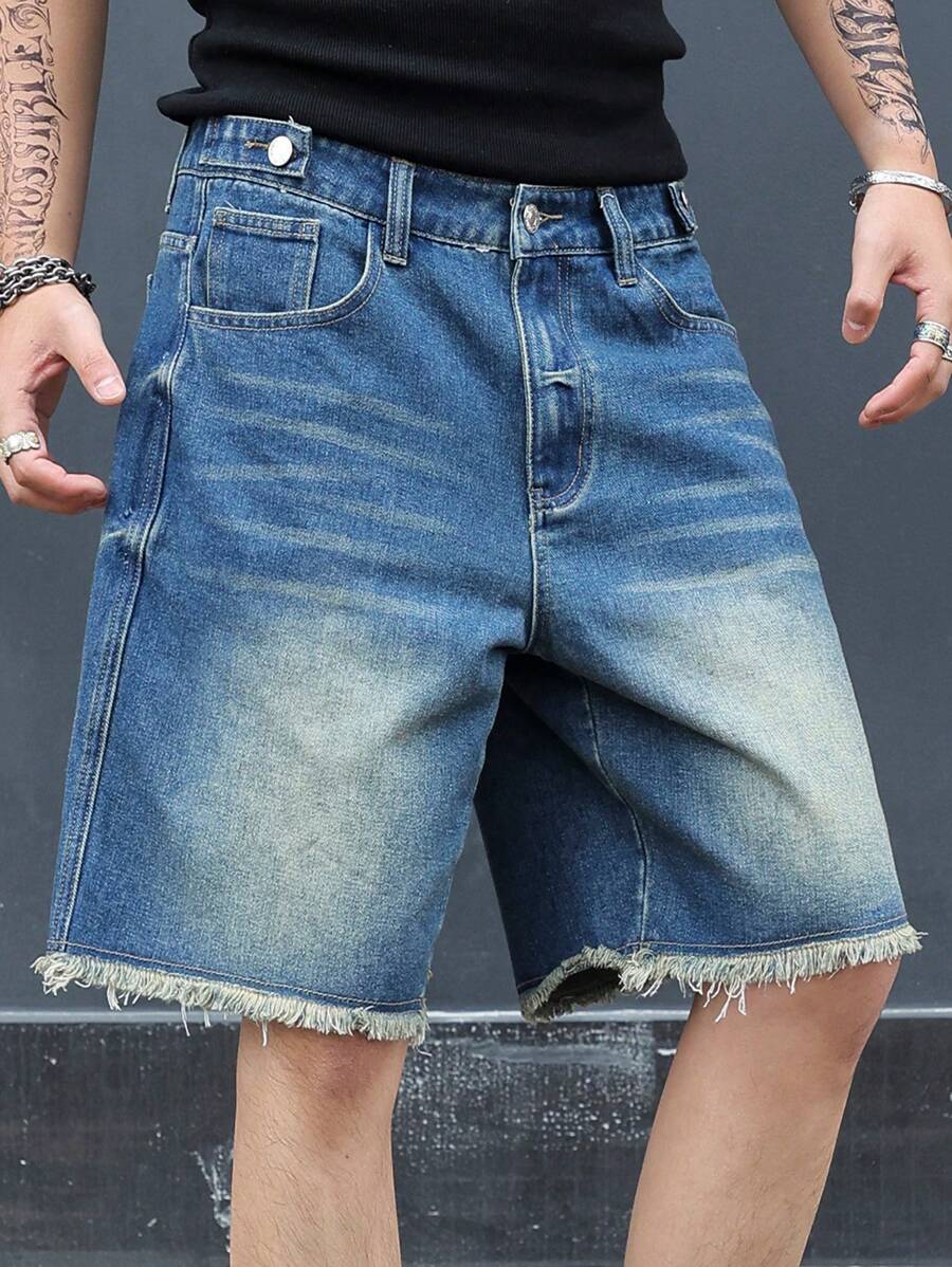 Manfinity EMRG Pantalones cortos vaqueros casuales para hombres con botones frontales, bolsillo y bordes deshilachados