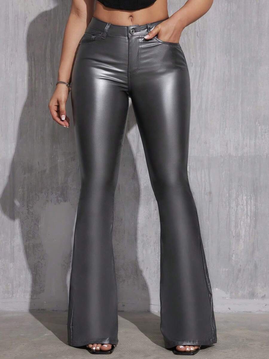 SHEIN Tall Women's Casual All-Match Low Waist Regular Black Coated Flare Pants, Spring/Autumn