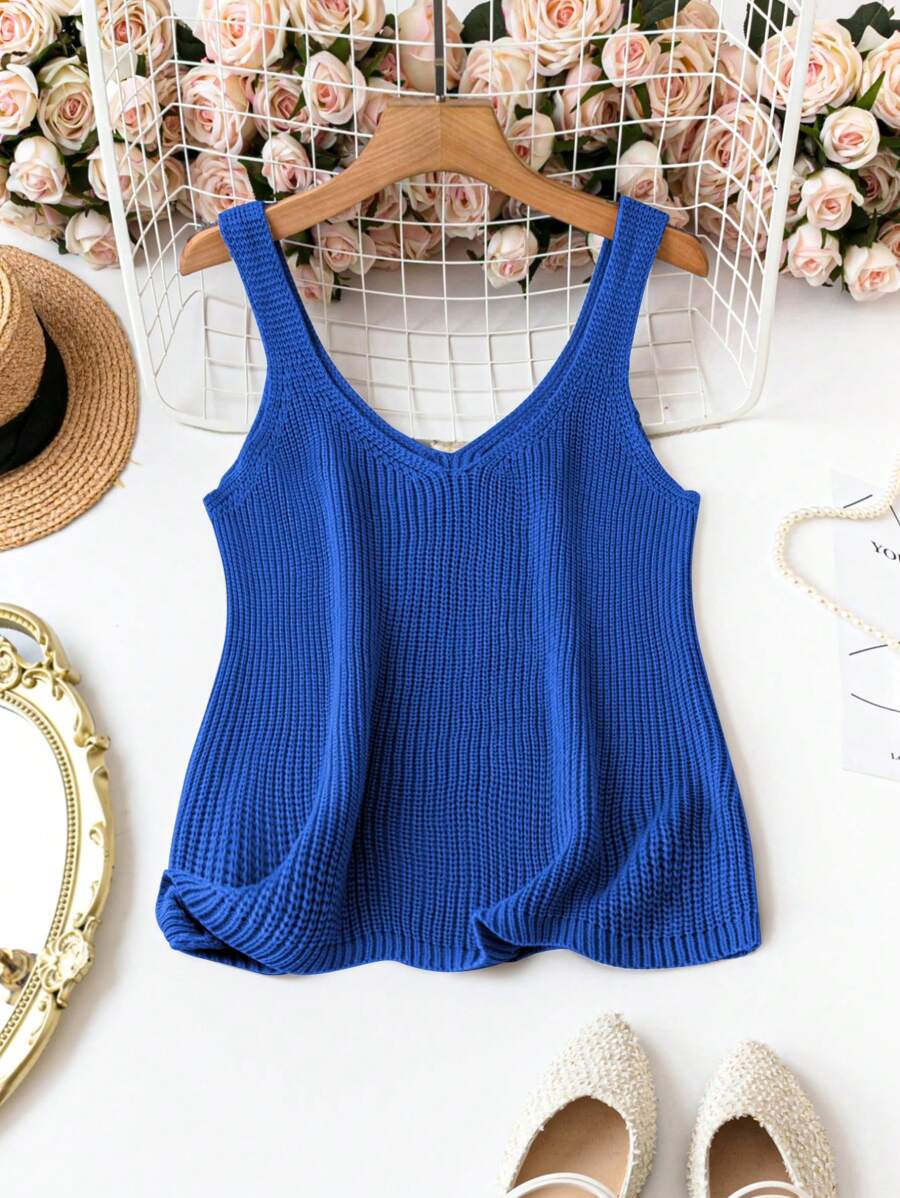 SHEIN LUNE Plus Size Solid Color Knit Camisole Top, Minimalist And Fashionable For Summer