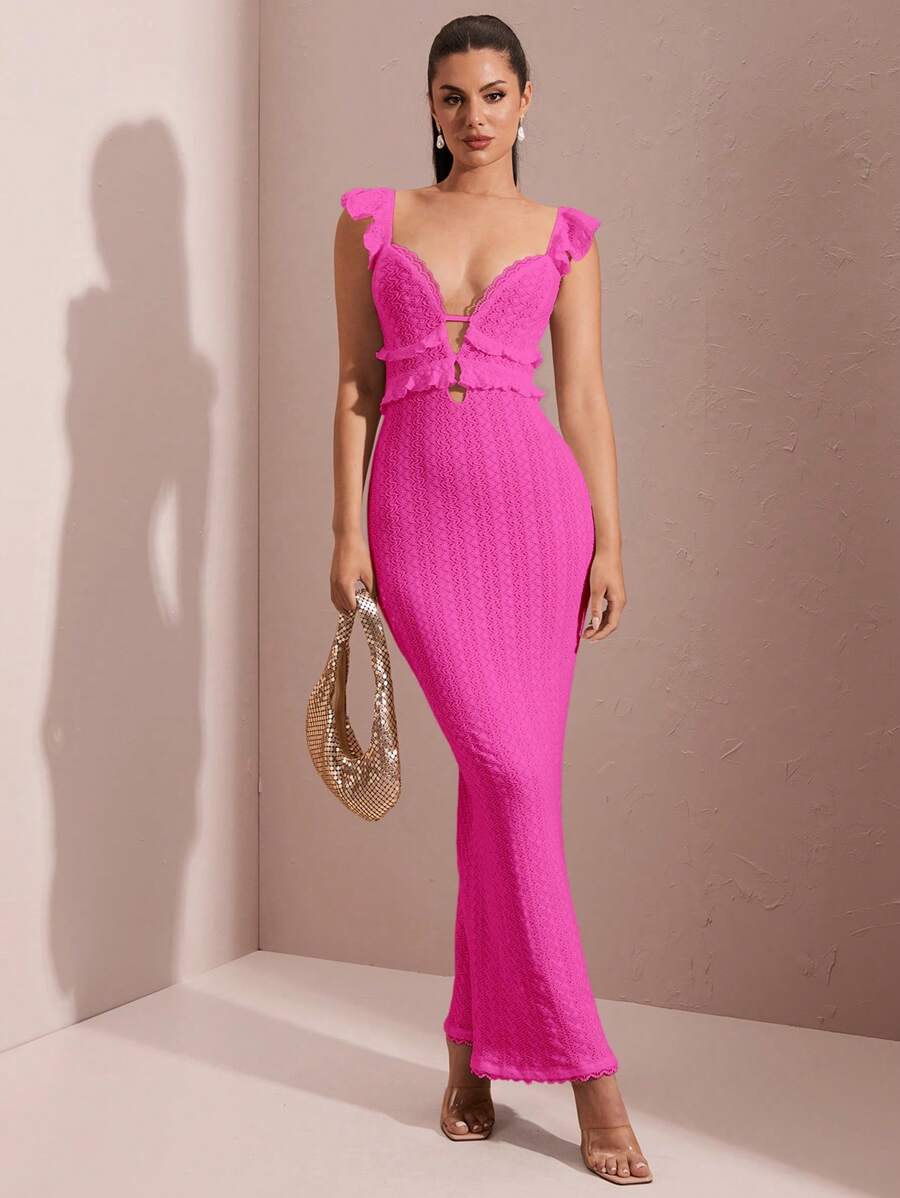 SHEIN BAE Sexy Hollow-Out Crochet Textured Ruffle Trim Cap Sleeve Open Back Lace-Up Dress, Elegant, Summer