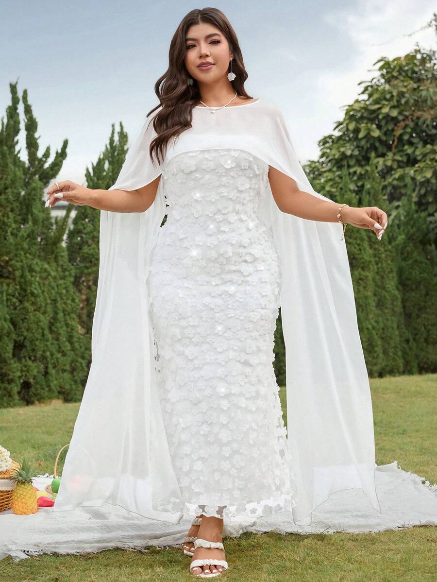 SHEIN Belle Abito da donna taglie forti in 2 pezzi, con jacquard, senza spalline, con scialle, elegante per matrimoni primaverili e feste