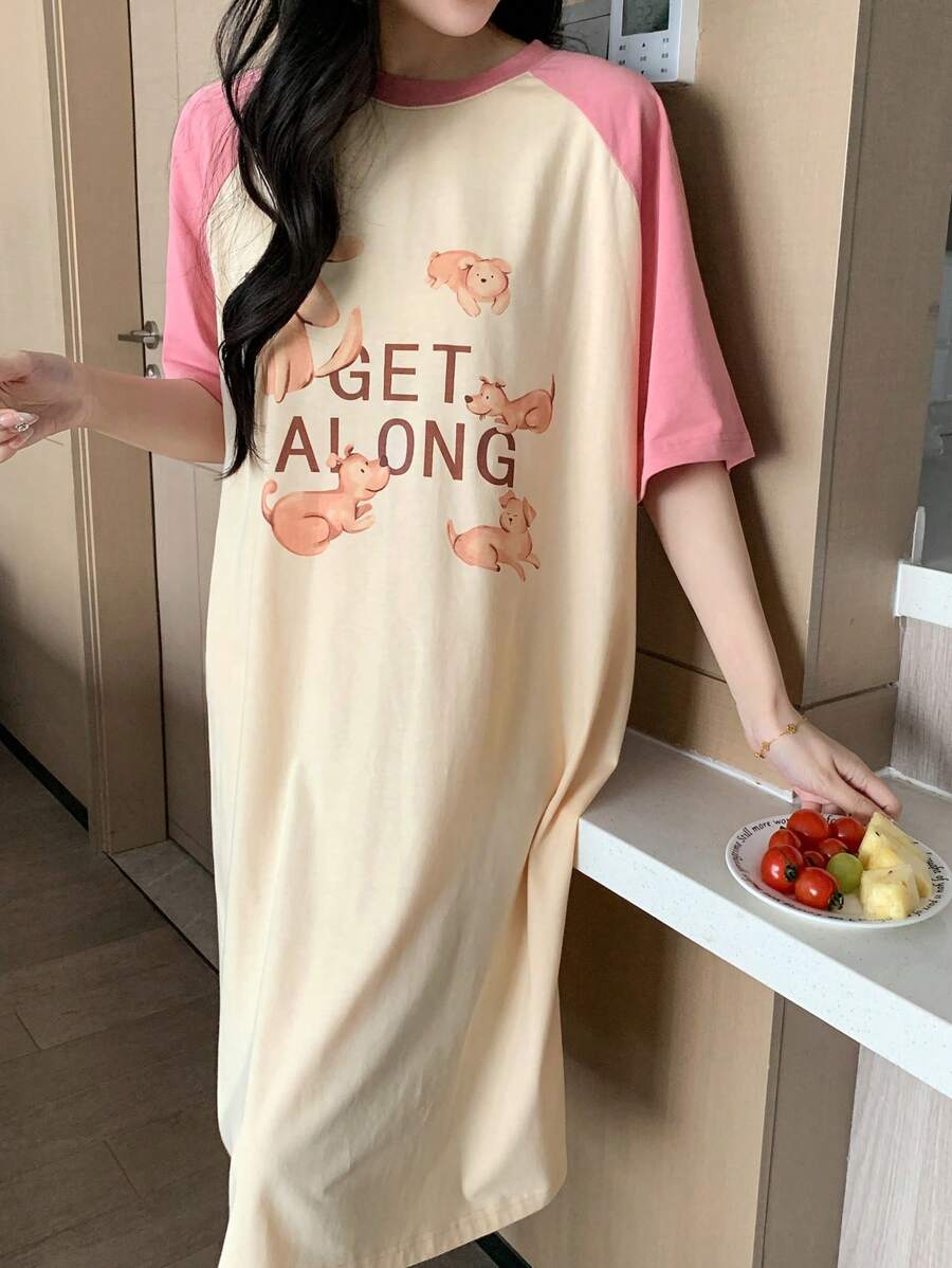 DAZY Cute Pattern Print Contrast Color Raglan Sleeve Loose Women Summer Nightgown