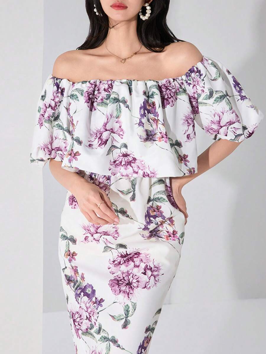 Heiryn Women's Floral Print Off Shoulder Long Dress With Ruffle Hem