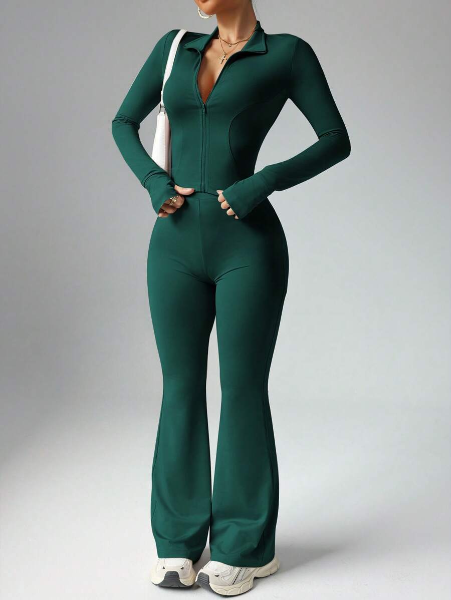 Dewbera Women Solid Color Long Sleeve Zip-Up Jacket And Flared Pants Sports Suit Gym Women Outfit