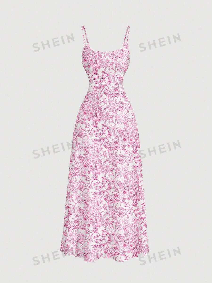 SHEIN MOD Vestido largo con tirantes de espagueti, cintura fruncida y volante en el bajo, estilo minimalista y casual, con estampado de flores azules, adecuado para el verano y vacaciones