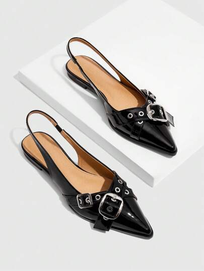 Cuccoo CUCCOO GRLICON Women's Black Metal Buckle Slingback Pointed Toe Flats, Commuting, Dating, Shopping, Holiday