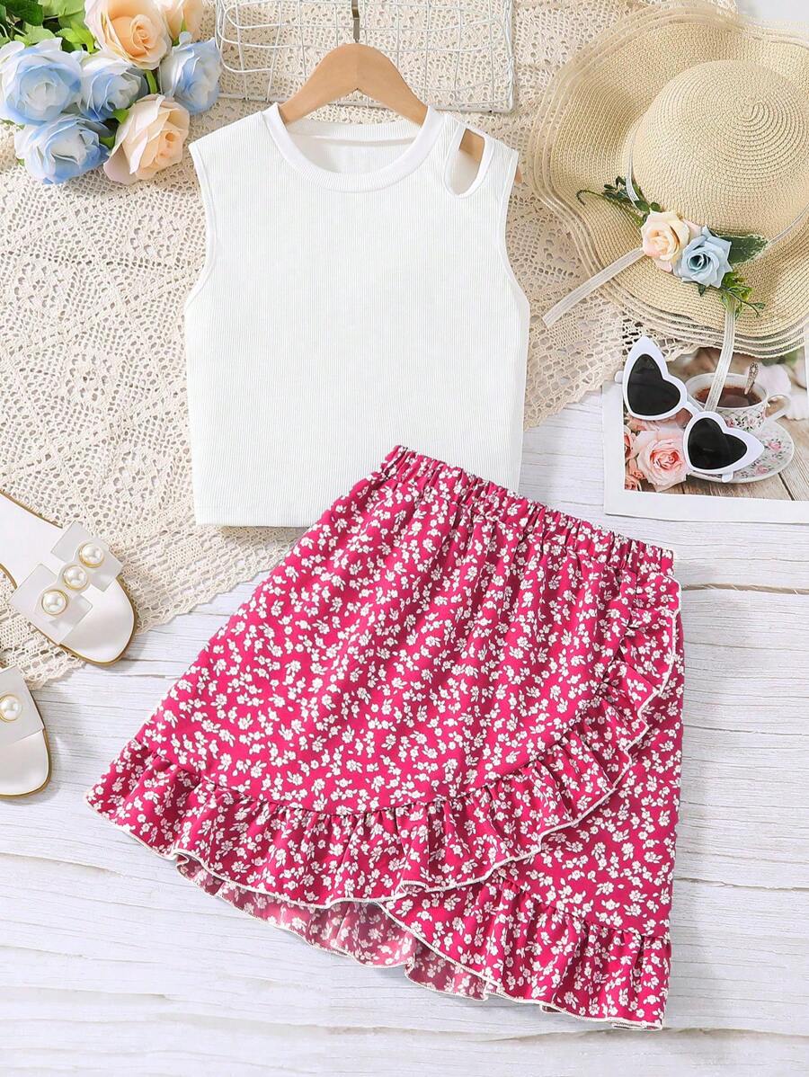 Teen Girl Solid Color Sleeveless Tank Top And Ditsy Floral Mini Skirt 2 Pieces Set