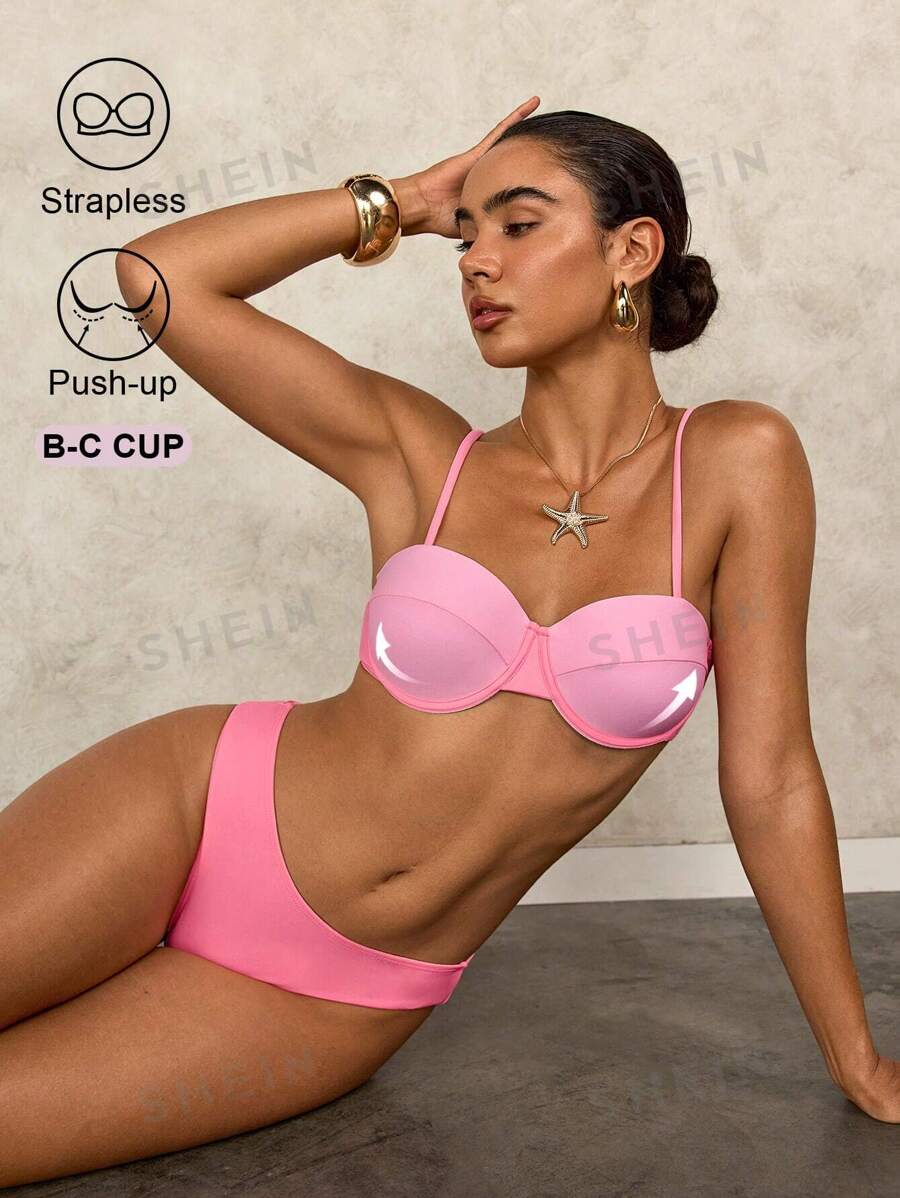 SHEIN Swim Conjunto de bikini con aros y almohadillas push-up con bloques de color para mujer, divertido y lindo