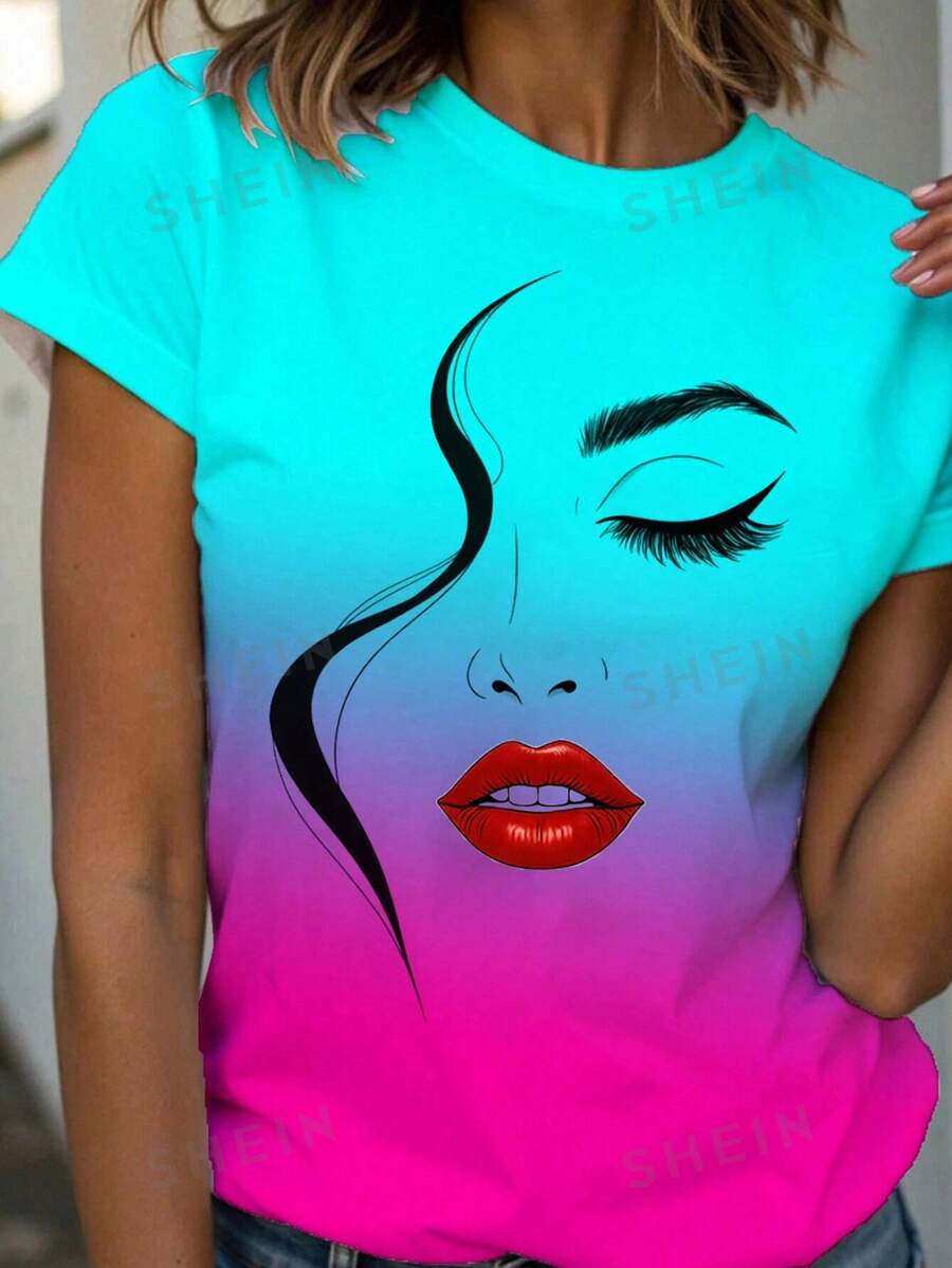 SHEIN Essnce Camiseta de manga corta con escote redondo y estampado de líneas faciales, de uso casual para mujer, para primavera/verano