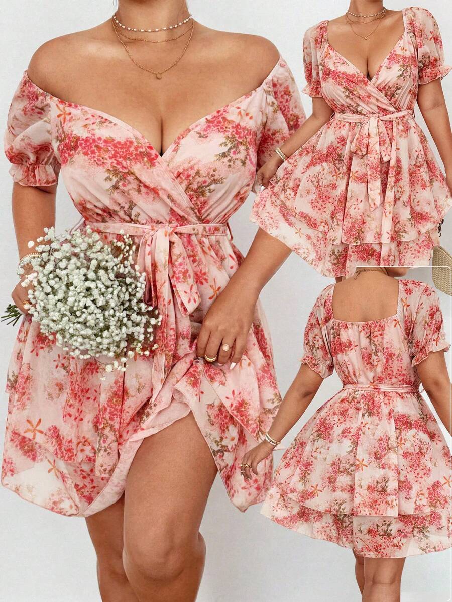 Flirla Plus Size Floral Print Cross Neck Chiffon Elastic Waist A-Line Long Sleeve Dress