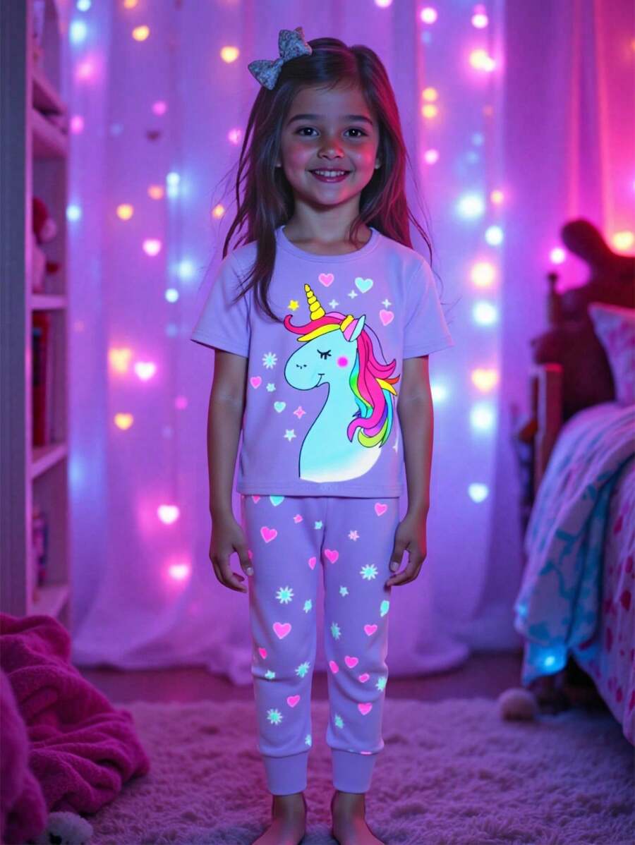 2 Stücke Loungewear-Set mit Jumpsuit für Kleine Mädchen mit Einhorn-Lichtmuster, kurzärmlig, hellrosa