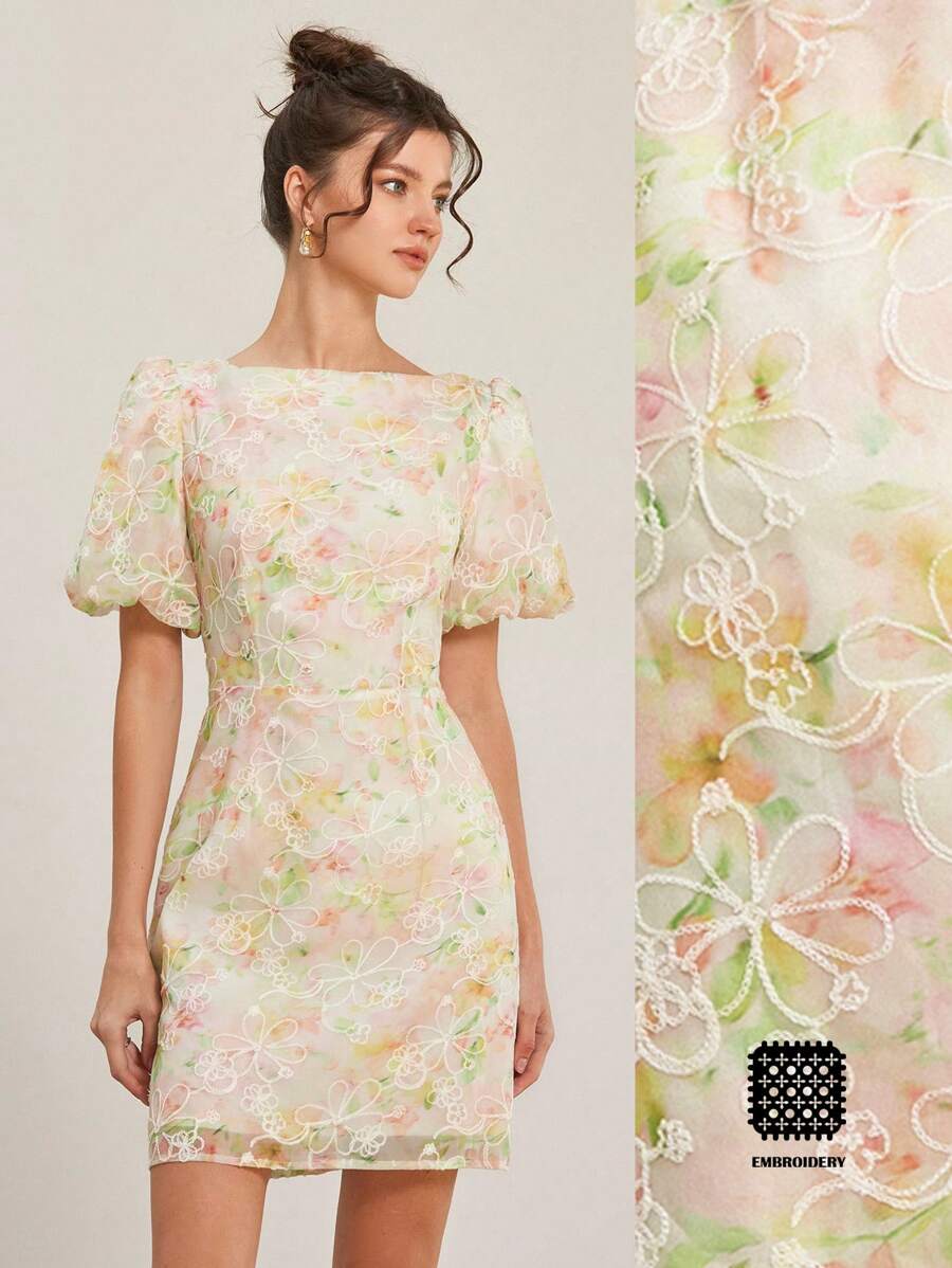 Aveloria Rosie Colorful Tie Dye Jacquard Special Fabric Vintage Romantic Elegant Wedding Season Puff Sleeve Floral Bodycon Mini Dress For Women All Over Print For Summer