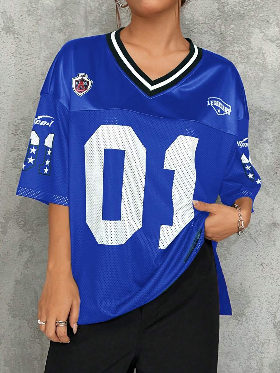 SHEIN EZwear Casual Sports Color-Block Loose Short Sleeve T-Shirt With Digital Print And Drop Shoulders