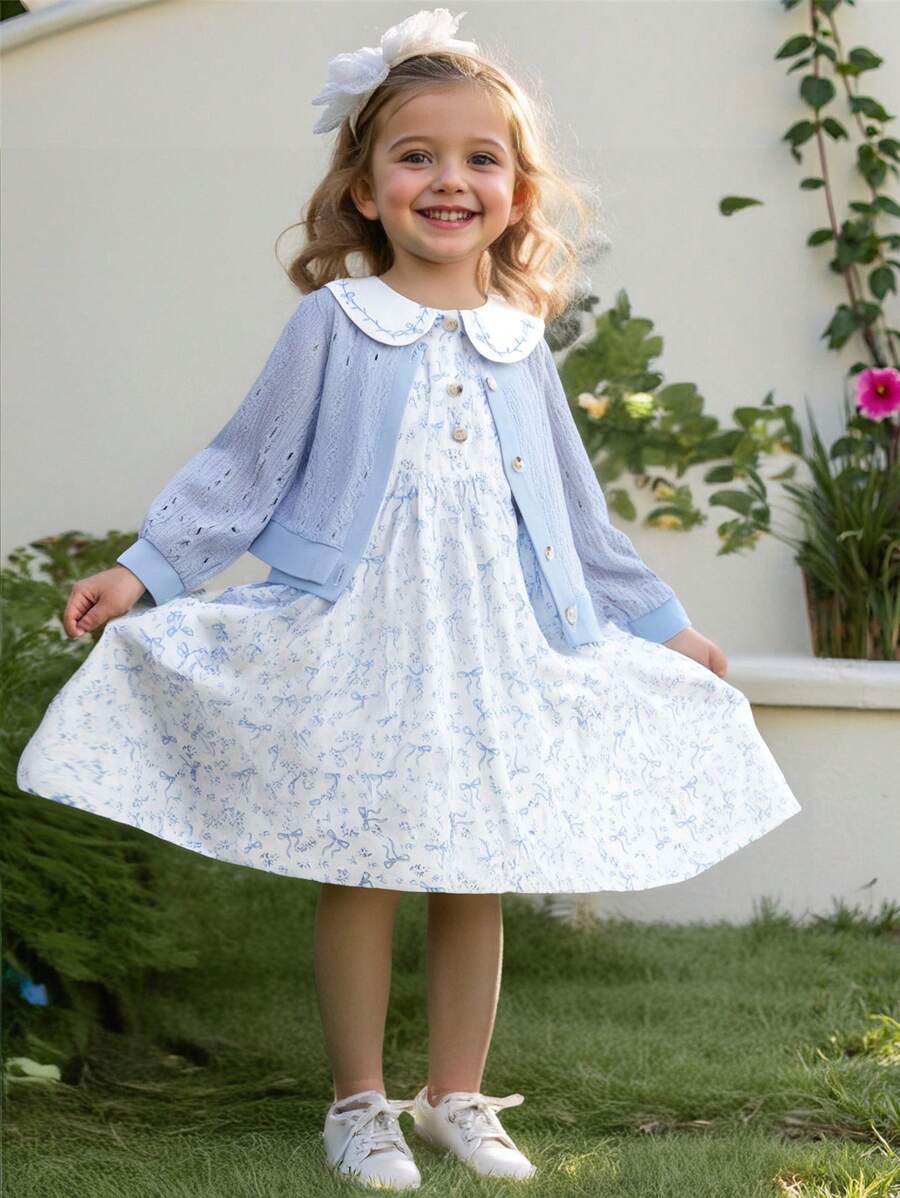 Souflis Souflis Young Girl Set Of 2 Versatile Fashion New Design Knitted Cardigan Sweater + Sleeveless Ditsy Floral Dress, For Spring Summer