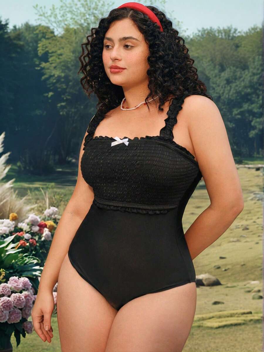 Swim Mod Plus Size Women's One-Piece Swimsuit With Ruffle Trim And Bow Decoration, Cute And Sweet For Beach Holiday
