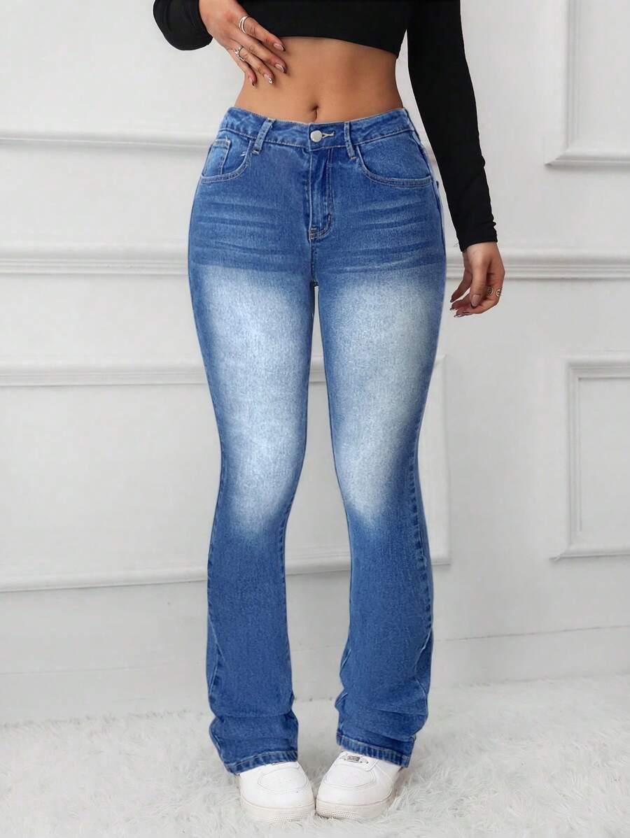SHEIN Tall Women's Low Waist Stretchy Denim Flare Jeans, Blue