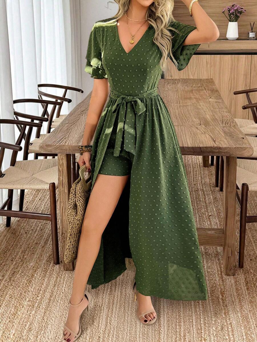 SHEIN Clasi Solid Color Lace-Up V-Neck Short-Sleeved Long Flowy Spring/Summer Jumpsuit For Women