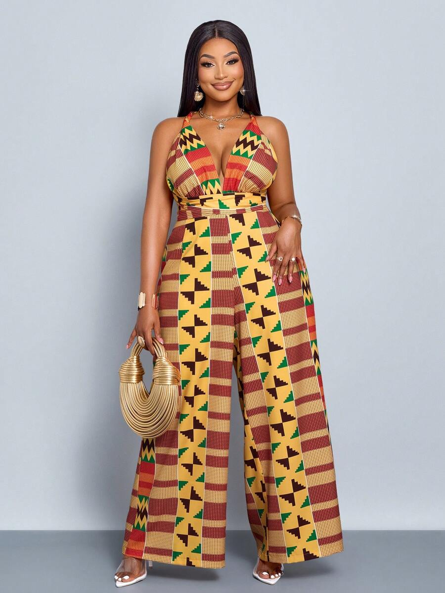 SOLERSUN Tuta estiva elegante da donna taglie forti con stampa digitale geometrica e fiori casuali, con collo a legaccio, pantaloni a gamba ampia dritta, ideale per vacanze