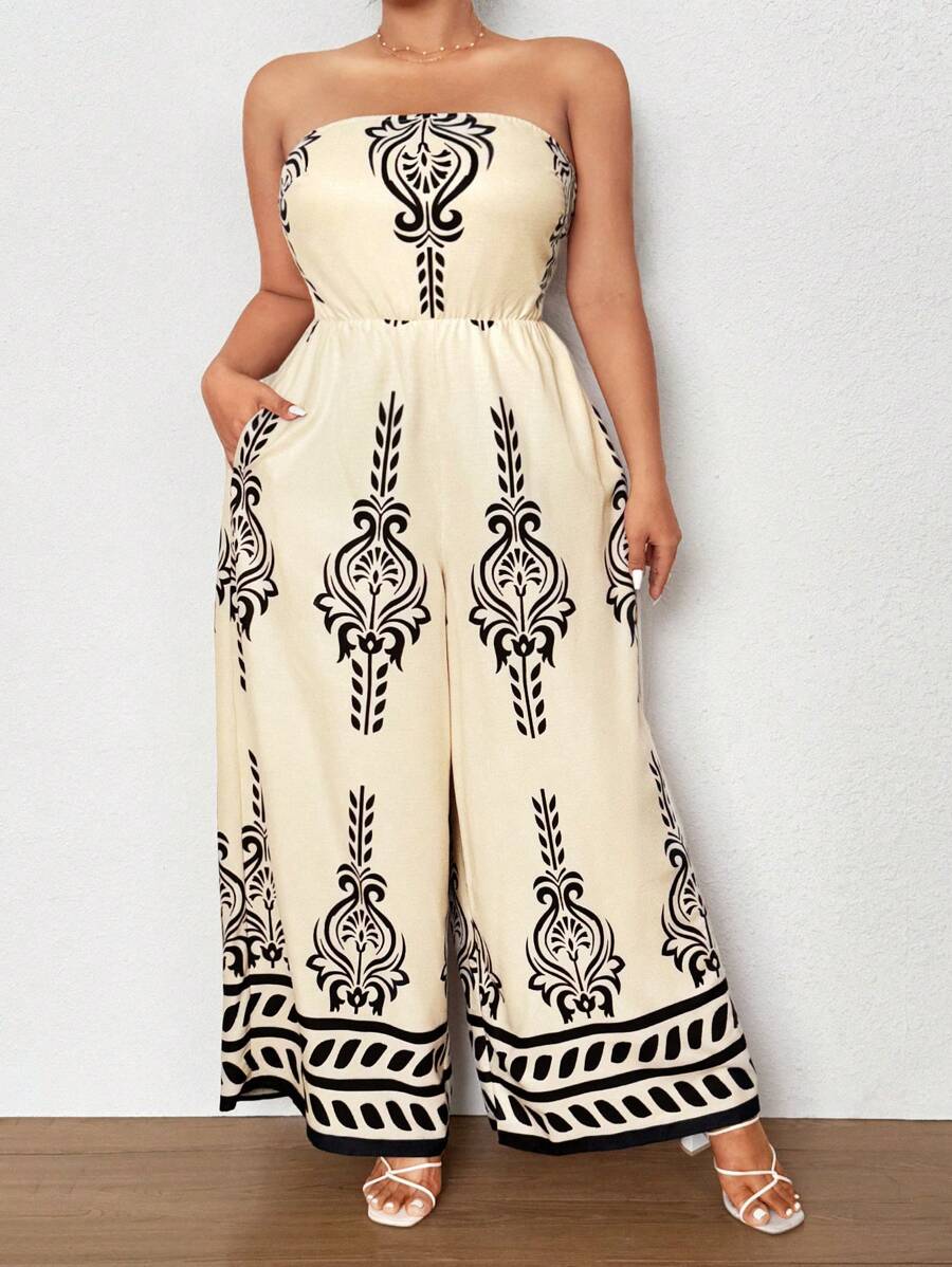 Maweii Plus Size Retro Print Halter Wide Leg Jumpsuit, Casual Resort Wear