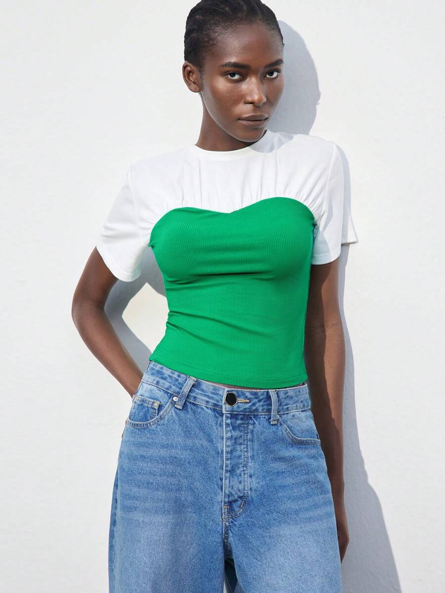 Maija Women's Green & White Color Block Modern Casual Crewneck Fitted Ruched Details Short Sleeve T-Shirt, Versatile Everyday Wear,Fall Women Clothes,European Summer