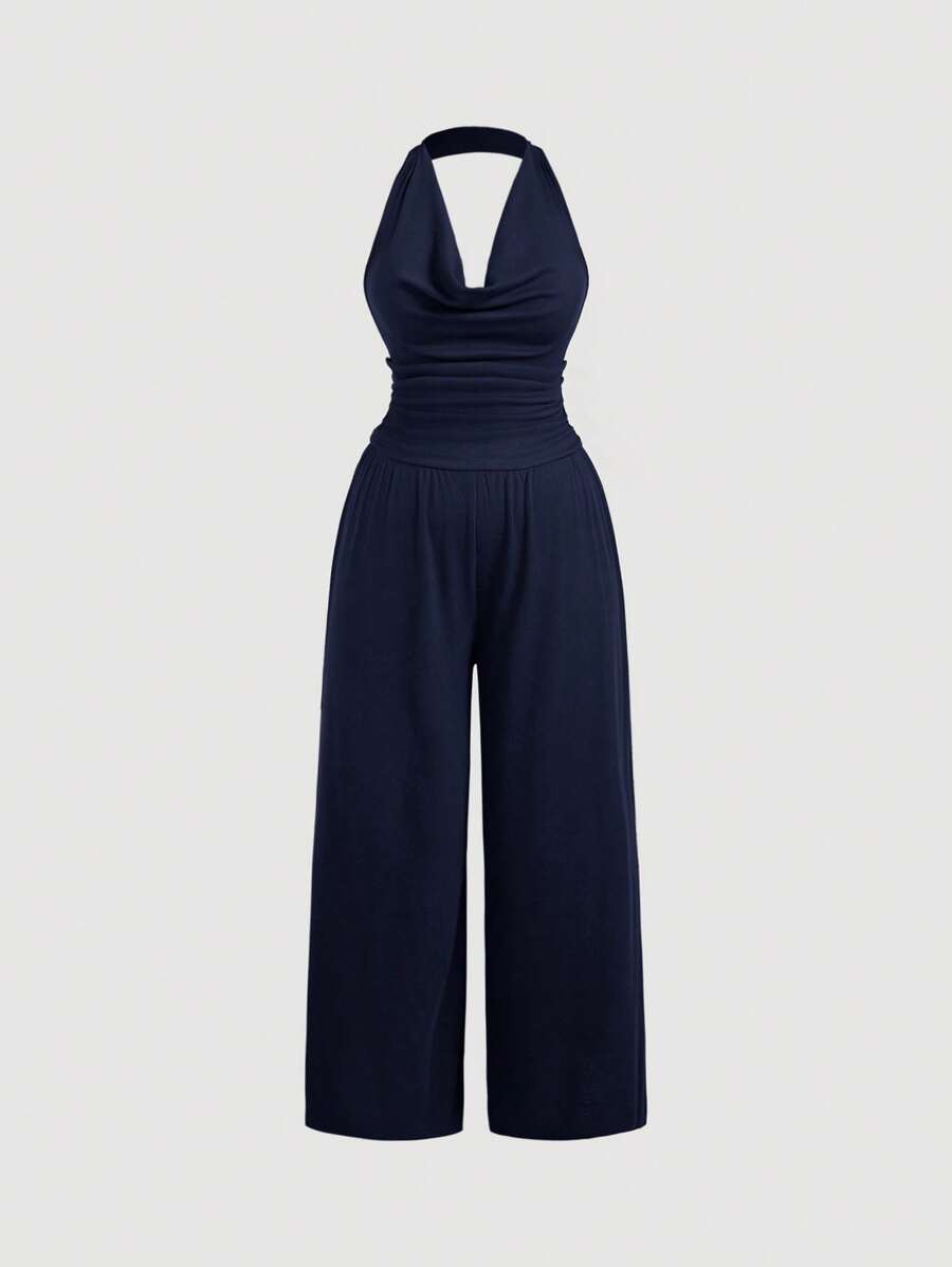 SHEIN MOD Plus Size Halter Loose Waist Ruched Wide Leg Jumpsuit