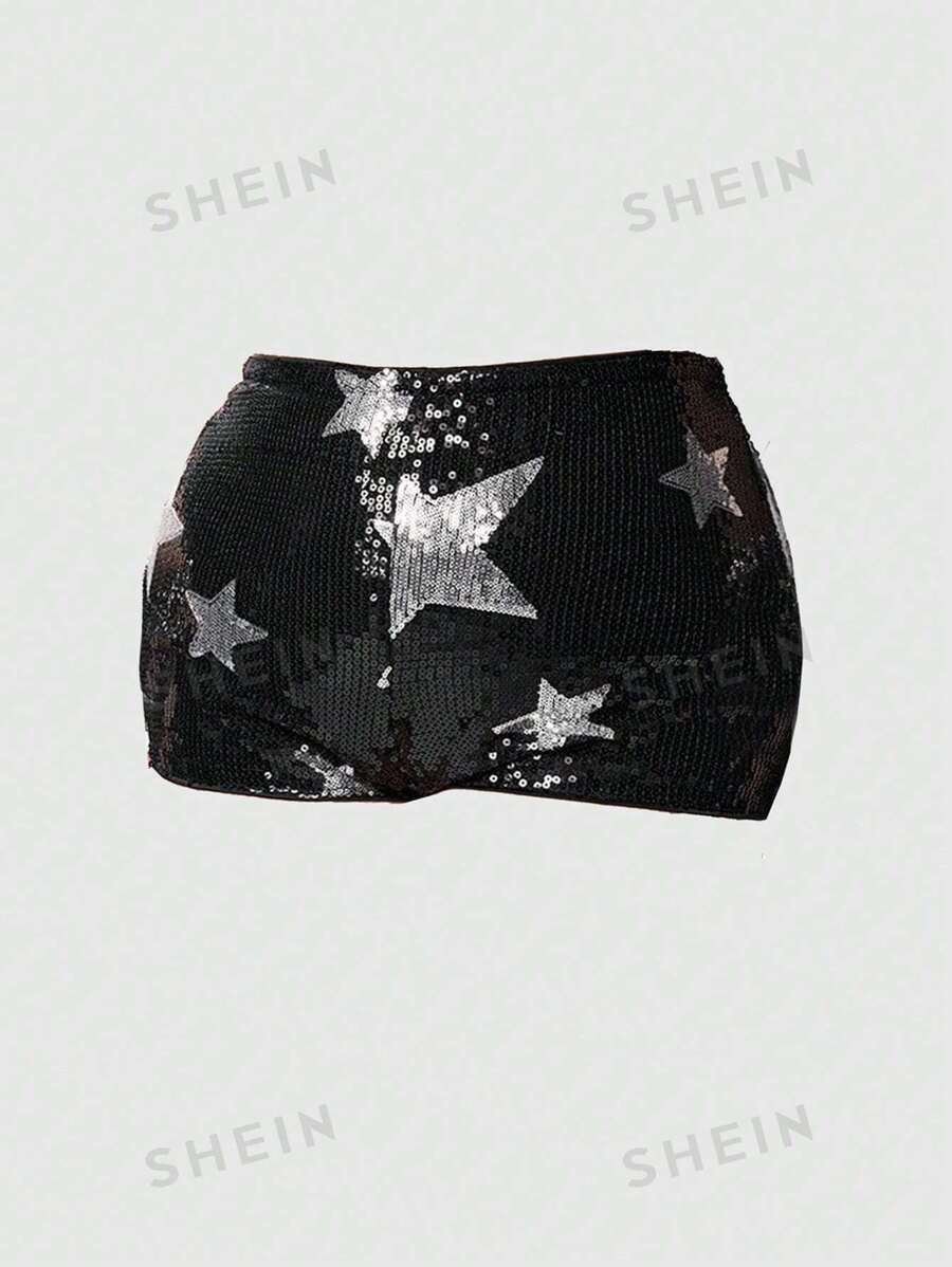 ROMWE Grunge Punk Pantalones cortos mini sexy con bordado de estrella de lentejuelas en estilo Y2K para festival de música en tallas grandes