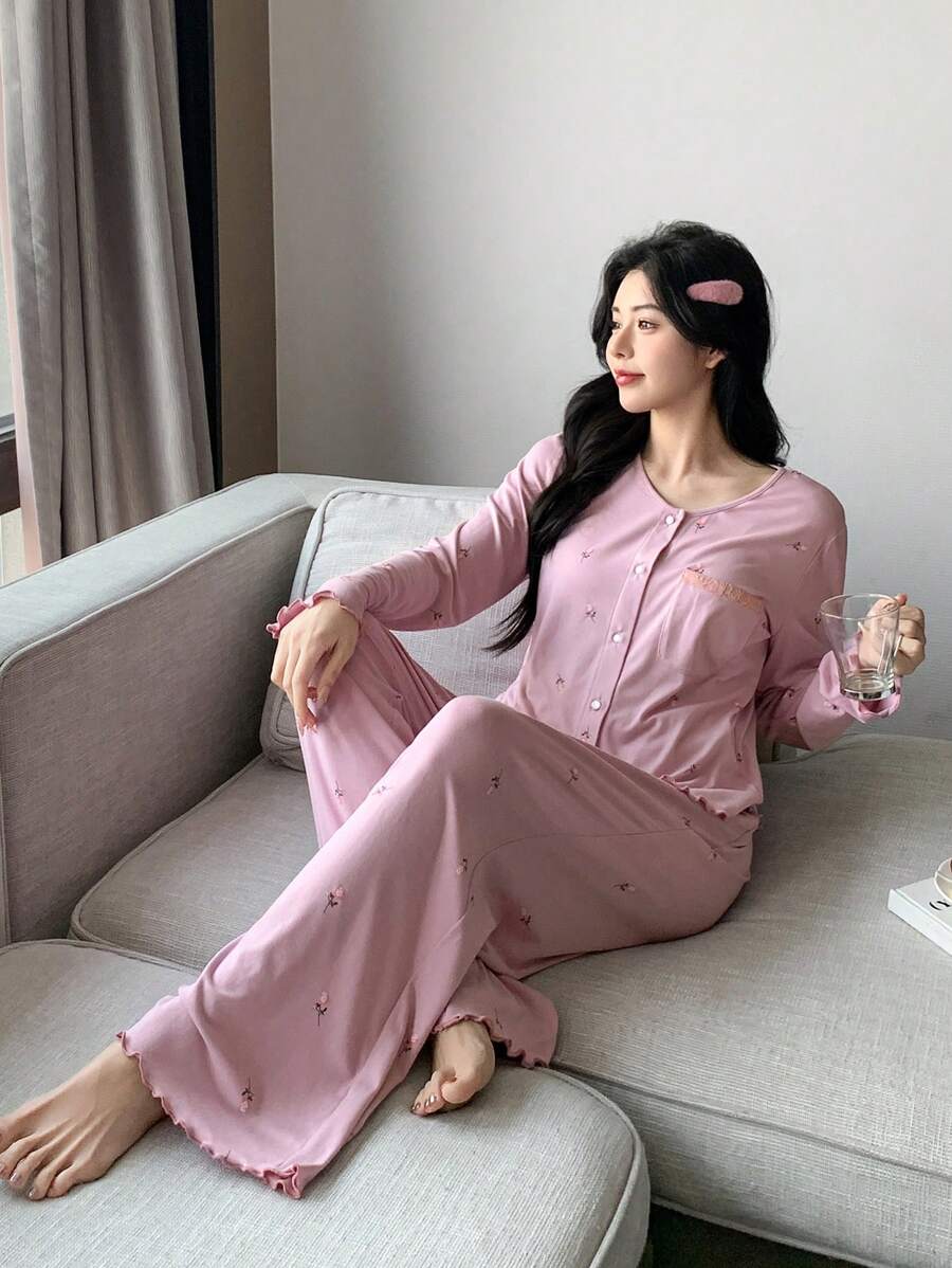 DAZY 2 pièces Ensemble de pyjama rose à manches longues avec fleurs ditsy pour femmes, printemps