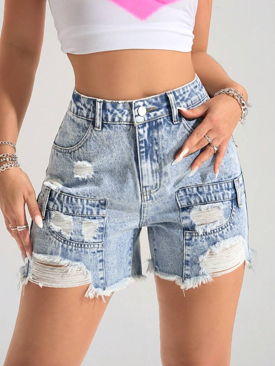 SHEIN EZwear Dames Casual Versleten Gerafelde Zoomzakken Denim Shorts