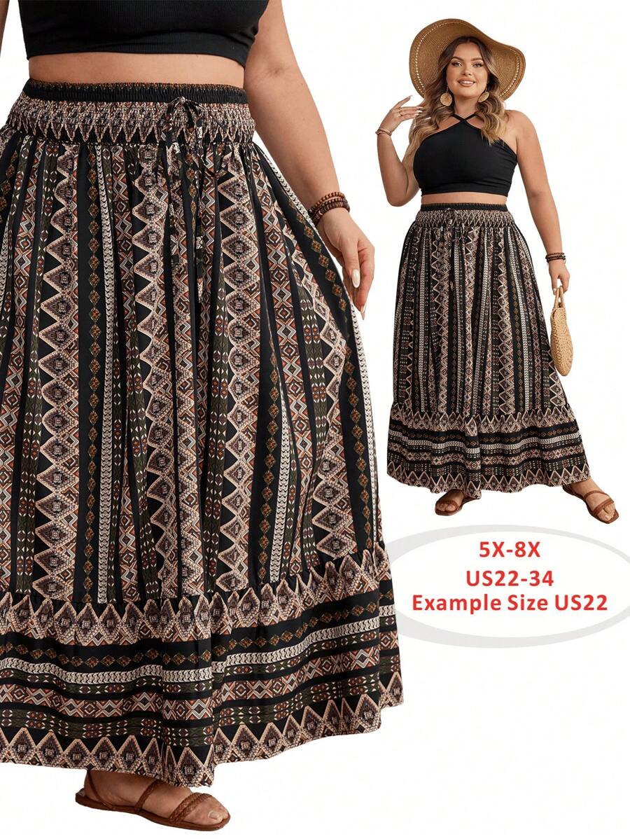 SHEIN CURVE+ Jupe évasée A-Line avec patchwork rayé à nouer à la taille, convient pour les vacances d'été à la plage en mode bohème