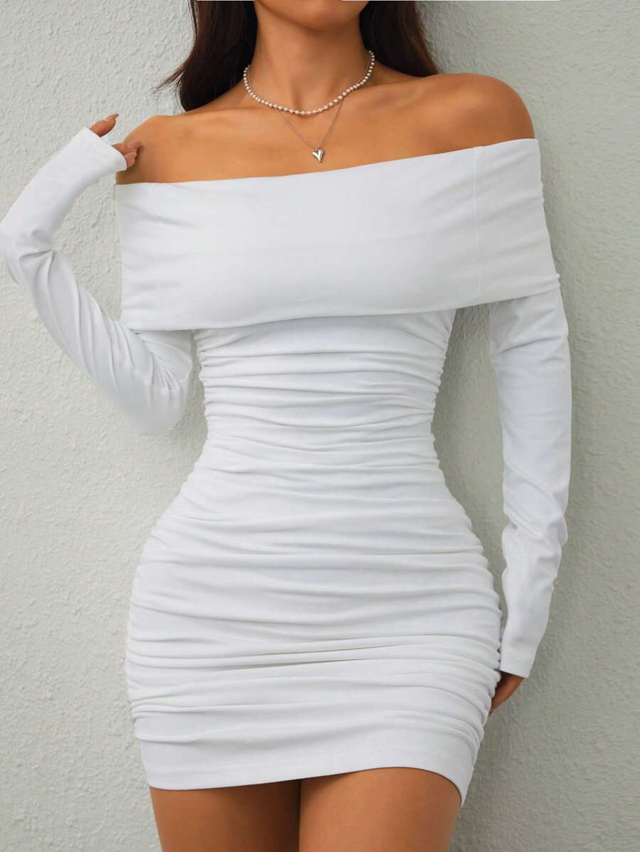 SHEIN Tall Lapel One-Shoulder Pleated Slimming Hip-Hugging Women's Dress Party Banquet Date Light Dress
