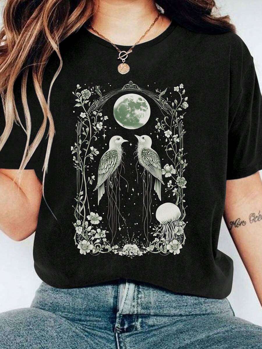 Calvaya Czarny wzór księżyca w modnym rozmiarze Plus Size T-shirt dla kobiet