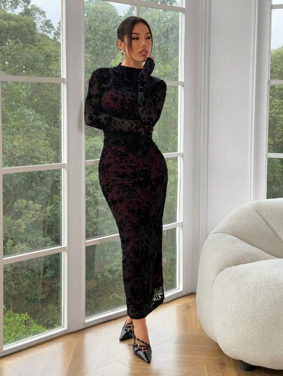 SHEIN EZwear Zwarte gevlokte mesh maxi bodycon jurk voor dames