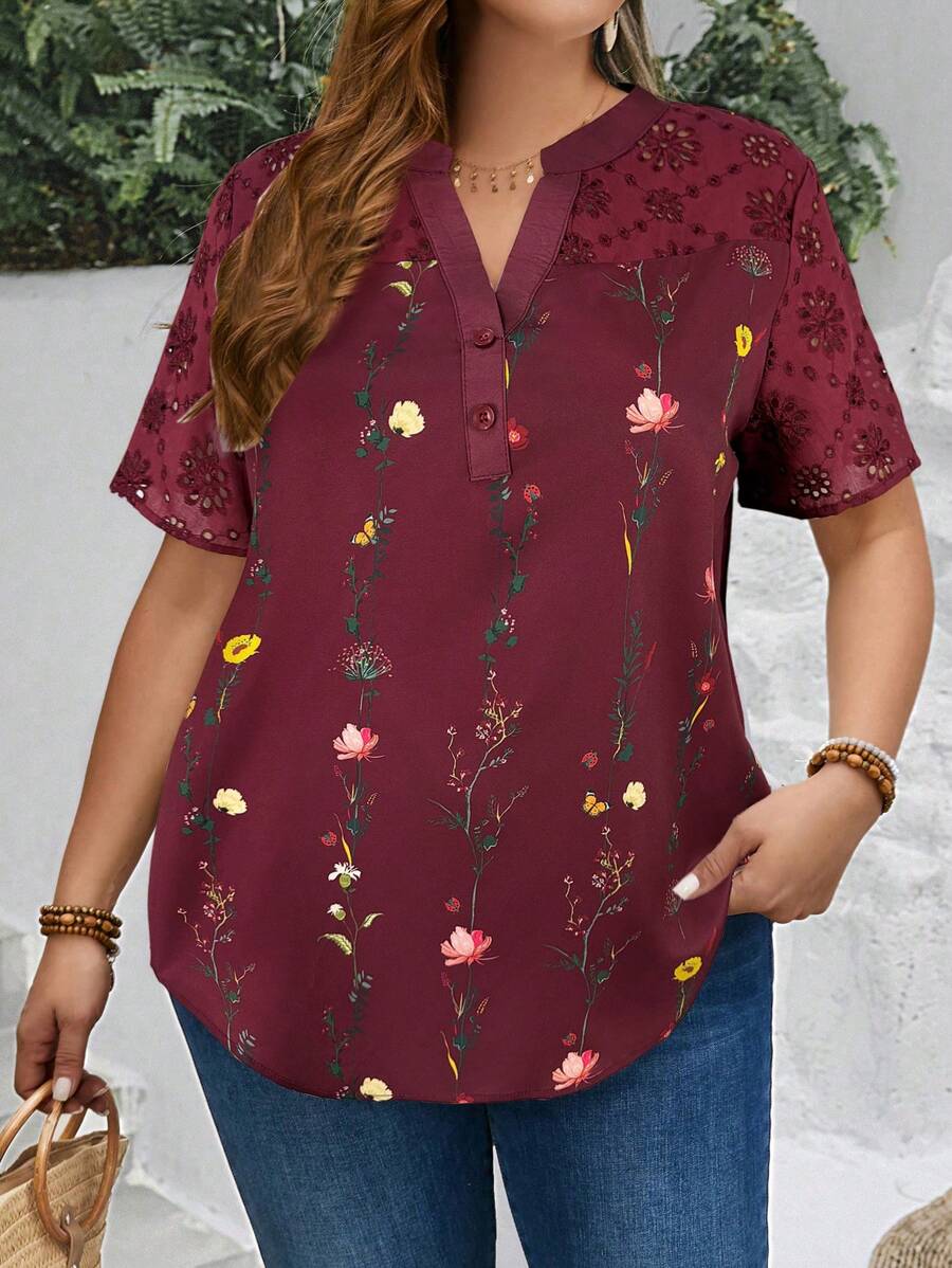 EMERY ROSE Plus Size Women'S Printed Hollow Out White Floral Shirt For Spring