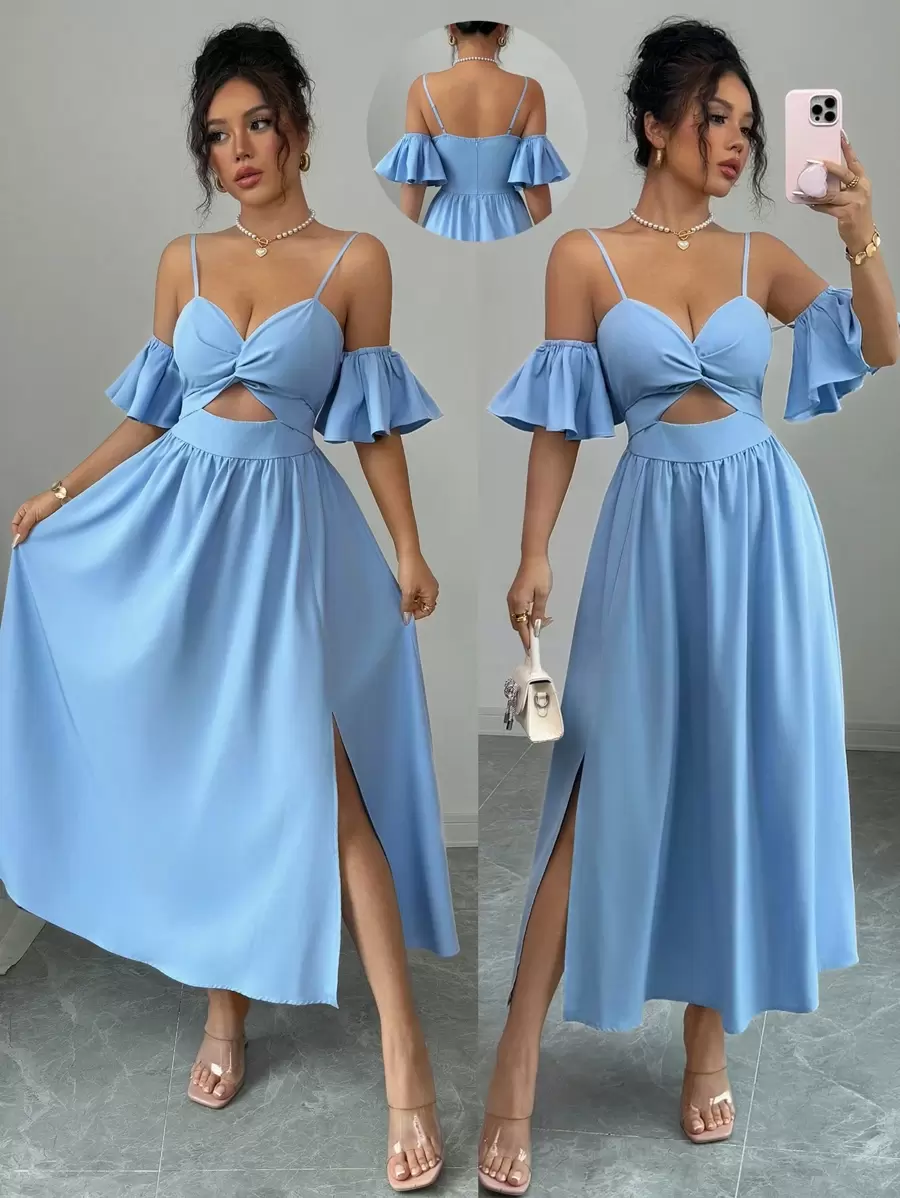 Calvaya Fashionable All-Match Sleeveless Twist Hollow Waist Ruffle Hem Slit Dress For Women