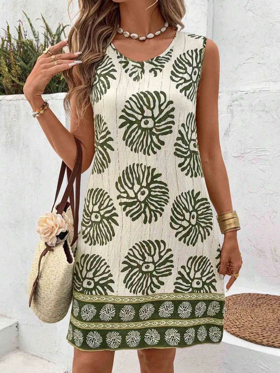 Vestido sencillo de cuello redondo y sin mangas para mujer de talla grande, adecuado para el verano