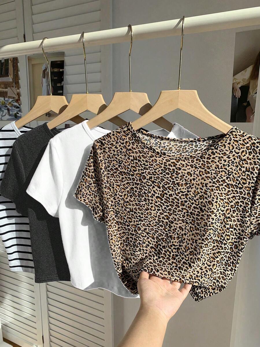 SHEIN EZwear Plus Size Letnie Elastyczne Bawełniane Okrągły Dekolt Dopasowane Podstawowe Koszulki