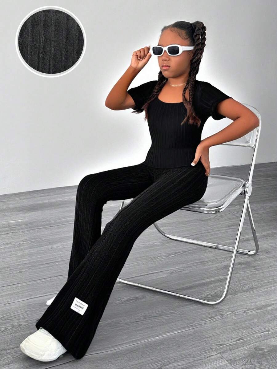 Girls Big Tween Girl' Knitting Wide Stripes Short Sleeve Flare Pants Jumpsuit, Spring/Summer