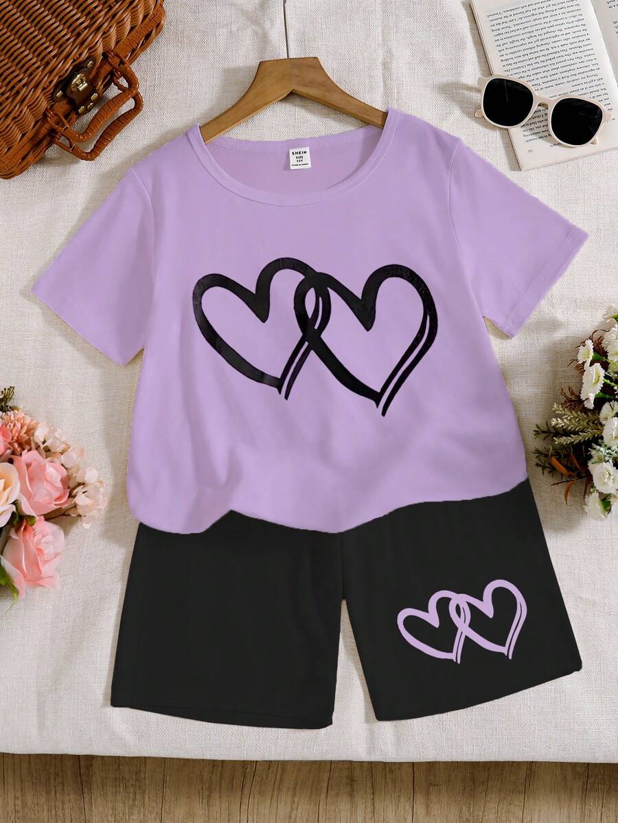 2pcs/Set Tween Girl Casual T-Shirt And Tight Shorts