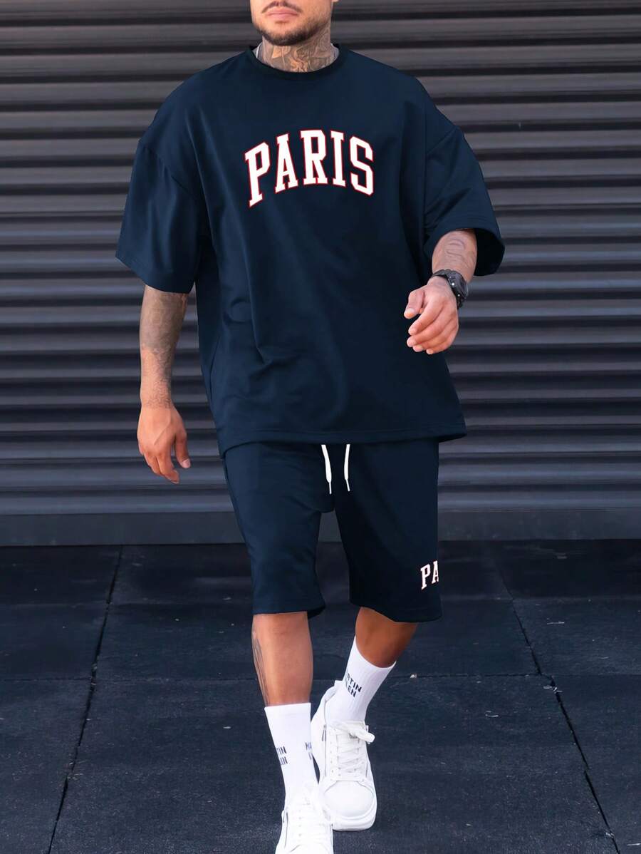 Manfinity Homme 2pcs/Set Plus Size Men Short Sleeve Letter Print T-Shirt And Shorts Set