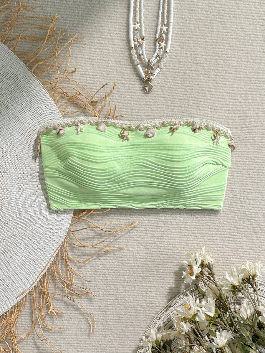 Swim Vcay Conjunto de playa de verano para mujer, un solo pieza de traje de baño con parte superior de unicolor texturizado y decoración de tirantes con conchas