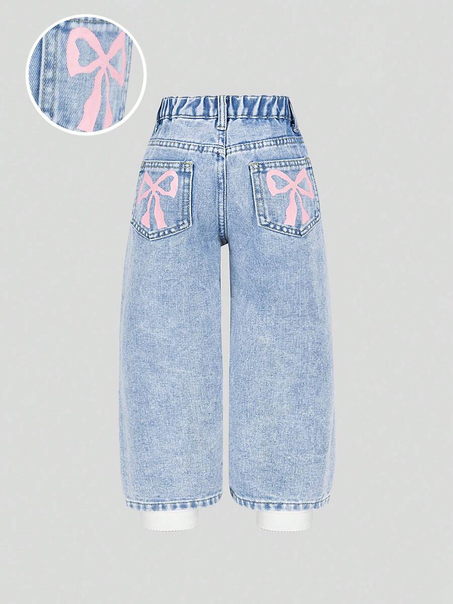 Young Girls' Light Blue Cute Pink Bow Print Elastic Waist Casual Wide Leg Washed Denim Pants Summer Holiday
