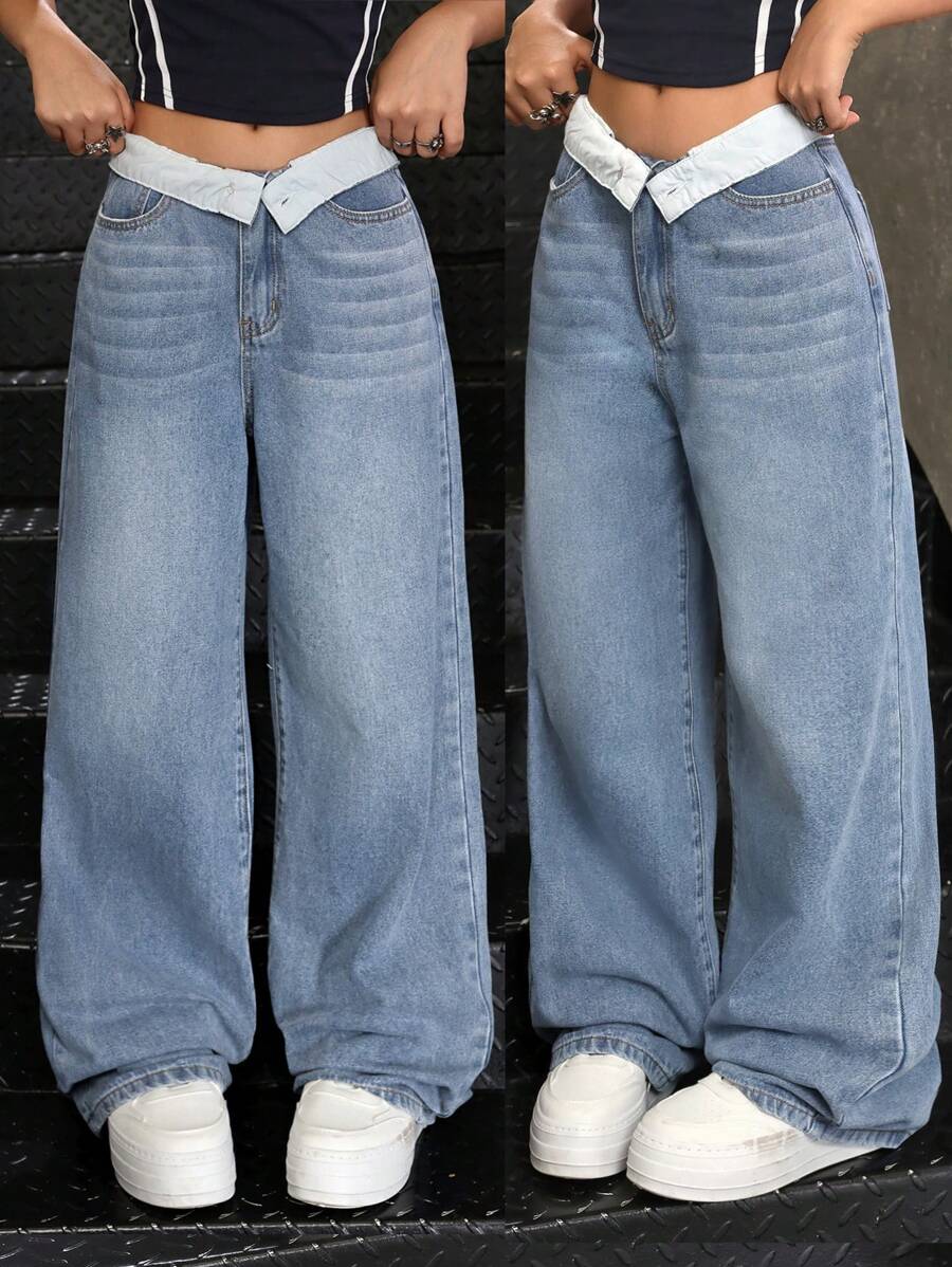 SHEIN Tween-Mädchen Lässige Distressed-Jeans aus Denim mit zweifarbigem Bund