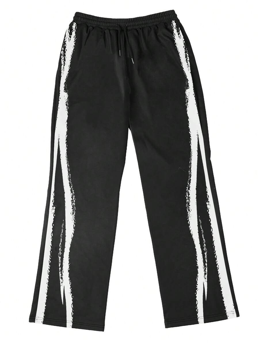 Manfinity Dauomo Men's Drawstring Waist Stripe Print Wide Leg Loose Casual Pants
