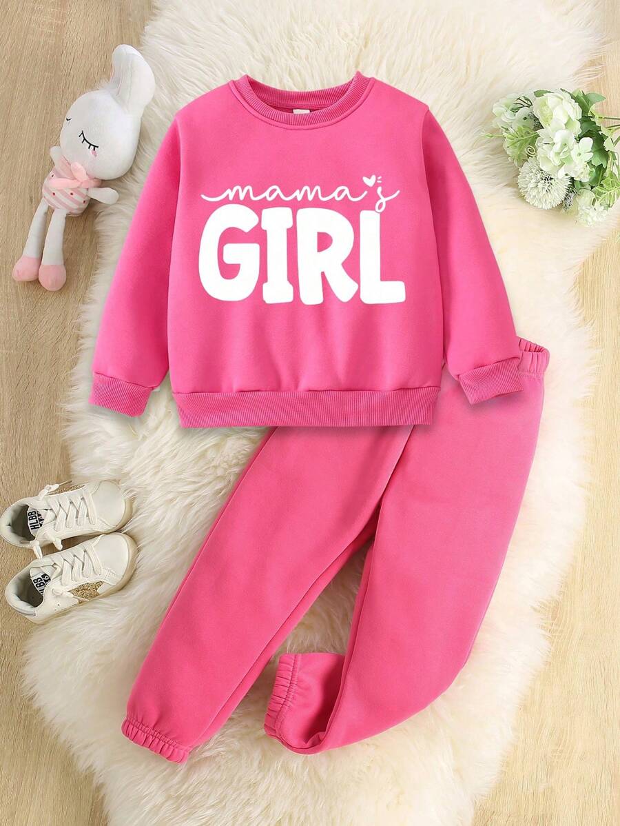 2pcs Young Girl Casual Simple Letter Slogan Printed Crew Neck Sweatshirt And Jogger Pants Set