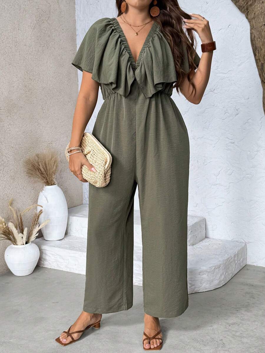 Breezaya Plus Size Women Green Ruffled Side Pocket Straight-Leg Jumpsuit